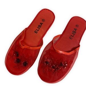NEW Red Vintage Sequin Mesh Slides Chinese Beaded Slippers Multiple Sizes